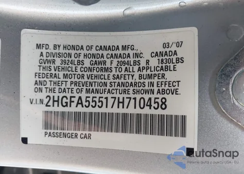 2007 Honda Civic Si z USA, uszkodzony, nr VIN 2HGFA55517H710458